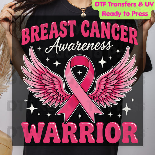 Breast Cancer Warrior DTF Transfer Ready to Press Heat Transfer Pink Ribbon Angel Wings Awareness Tee