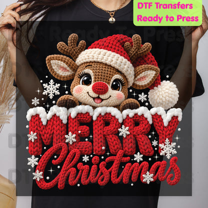 Christmas DTF Transfer, Cute Reindeer Santa Hat, Knitted Letters