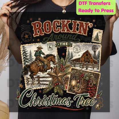 Rockin Around Christmas Tree DTF Transfers, Western Cowboy Barn Country Holiday Ready to Press