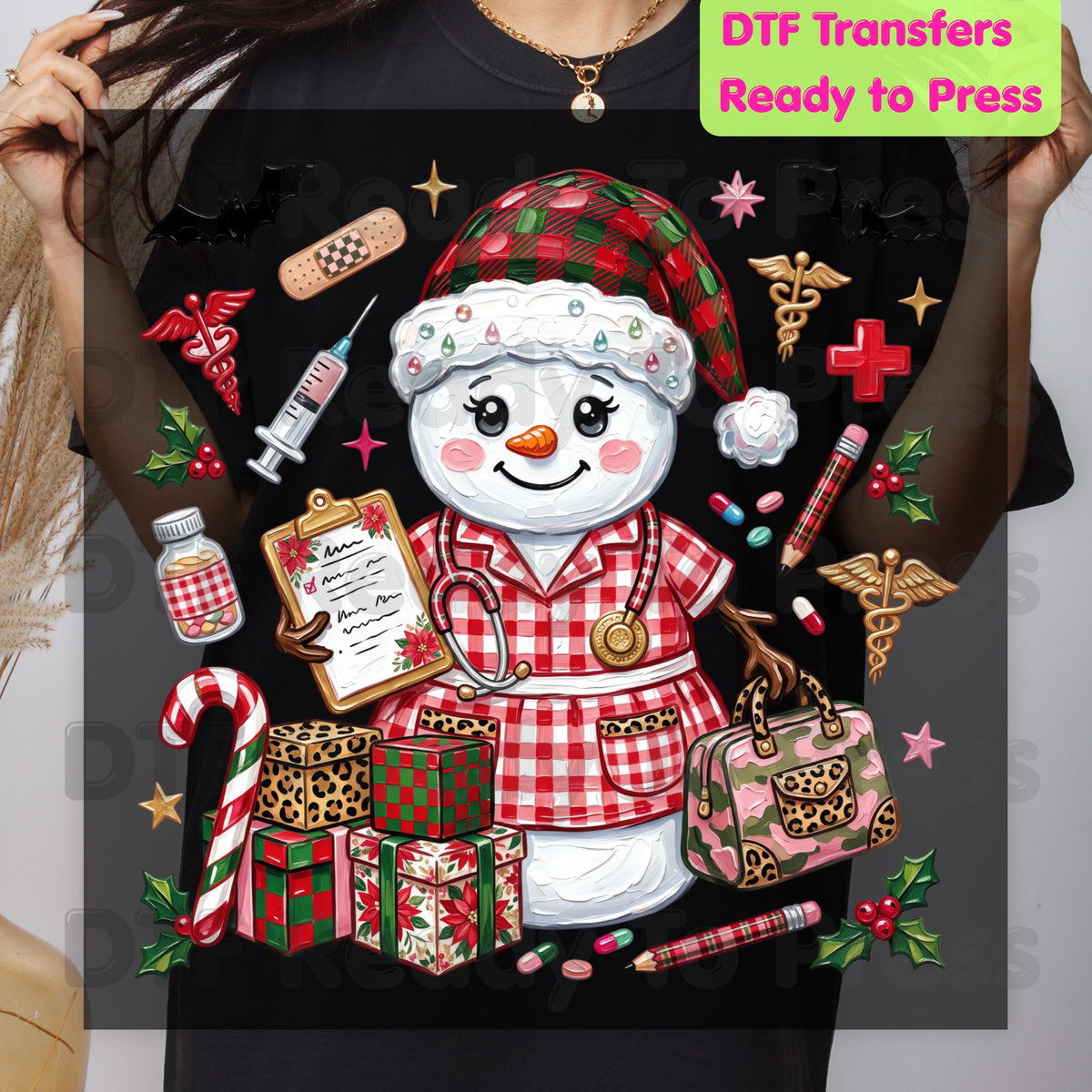 Christmas Nurse Snowman DTF Transfers, Medical Holiday Stethoscope Graphic Ready to Press