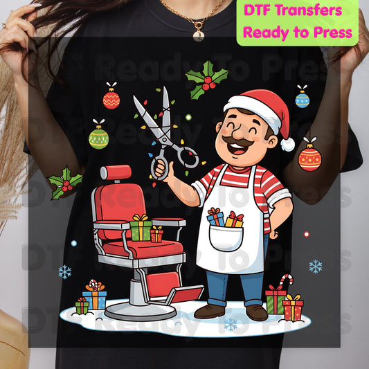 Christmas Barber Santa DTF Transfers, Barbershop Holiday Scissors Barber Chair Vintage Ready to Press
