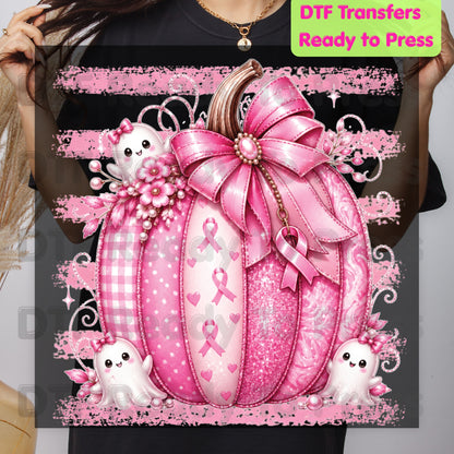 Pink Pumpkin Breast Cancer Awareness DTF Transfer Ready to Press Heat Transfer Spooky Ghost Bow Tee