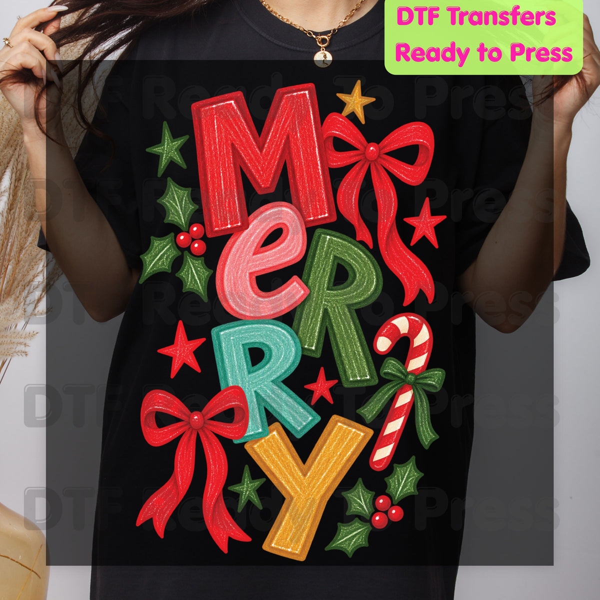 Christmas DTF Transfer, Merry Colorful Letters, Red Bow Candy Cane
