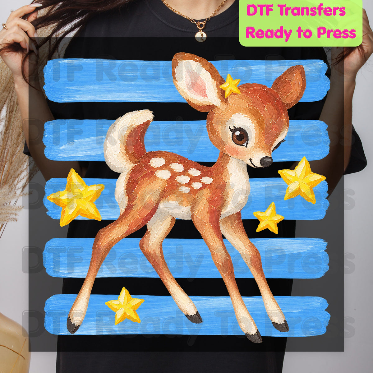 Vintage Baby Deer DTF Transfers, Fawn Stars Blue Stripes Cute Christmas Holiday Ready to Press