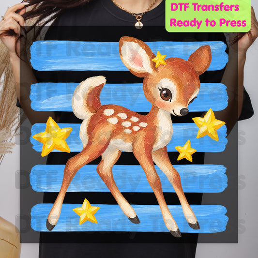 Vintage Baby Deer DTF Transfers, Fawn Stars Blue Stripes Cute Christmas Holiday Ready to Press