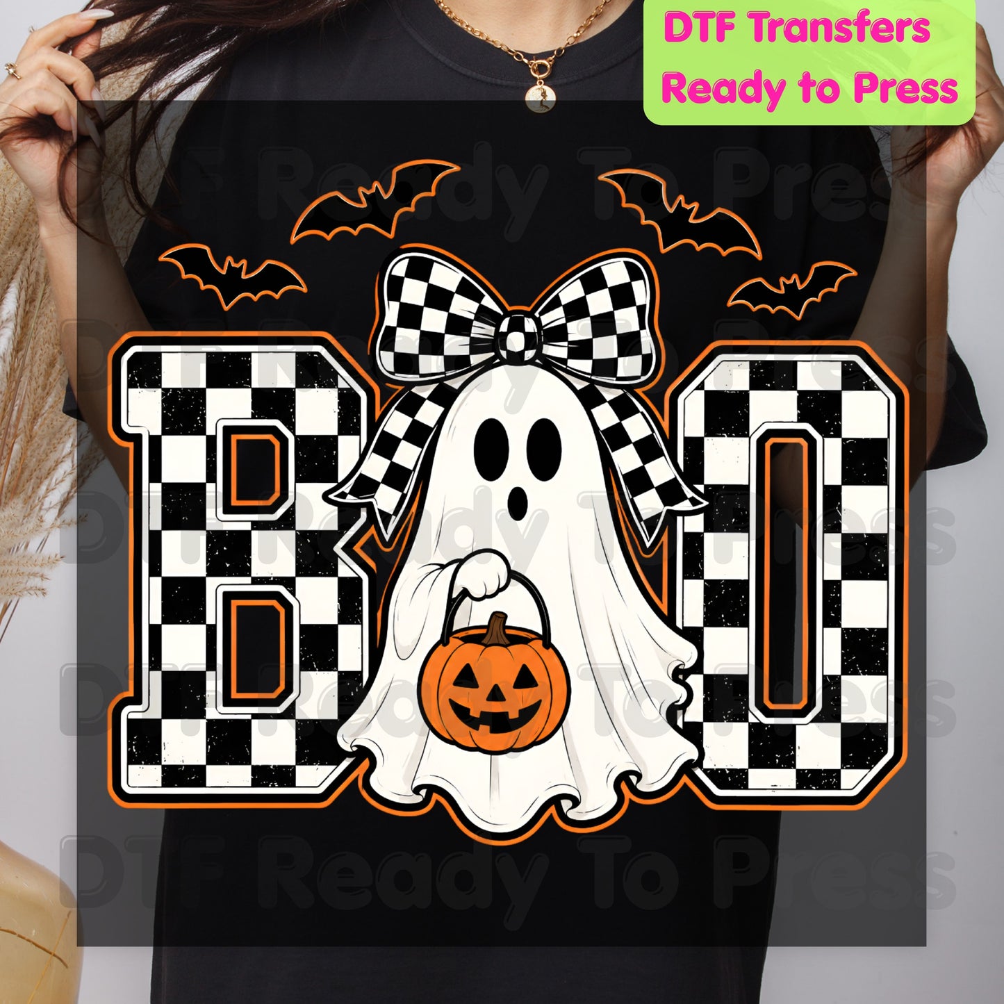 Boo Checkered Bow Ghost DTF Transfers, Halloween Pumpkin Bucket Bats Retro Ready to Press