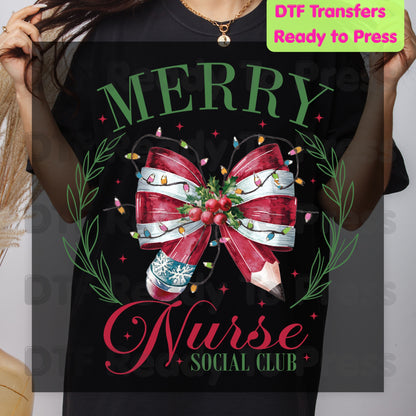 Merry Nurse Social Club DTF Transfers, Christmas Medical Coquette Bow Holiday Lights Nurse Ready to Press