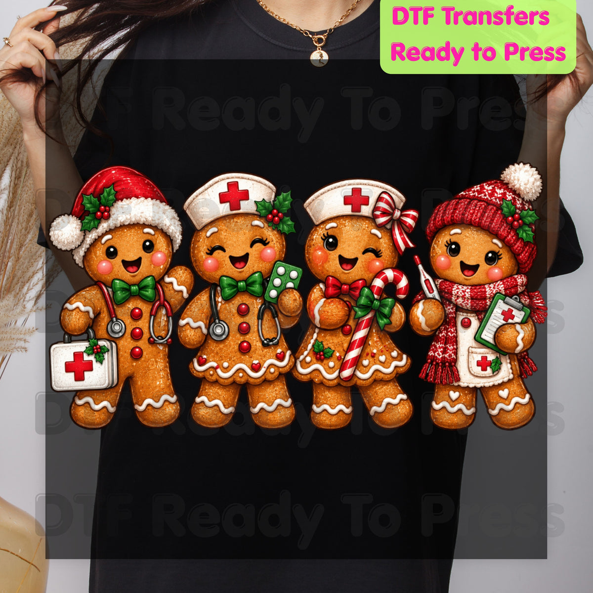 Christmas Gingerbread Nurse Team DTF Transfers, Medical Nursing Stethoscope Holiday Ready to Press