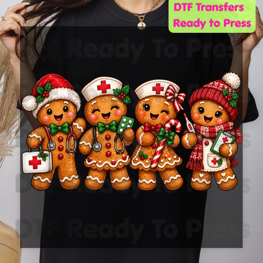 Christmas Gingerbread Nurse Team DTF Transfers, Medical Nursing Stethoscope Holiday Ready to Press