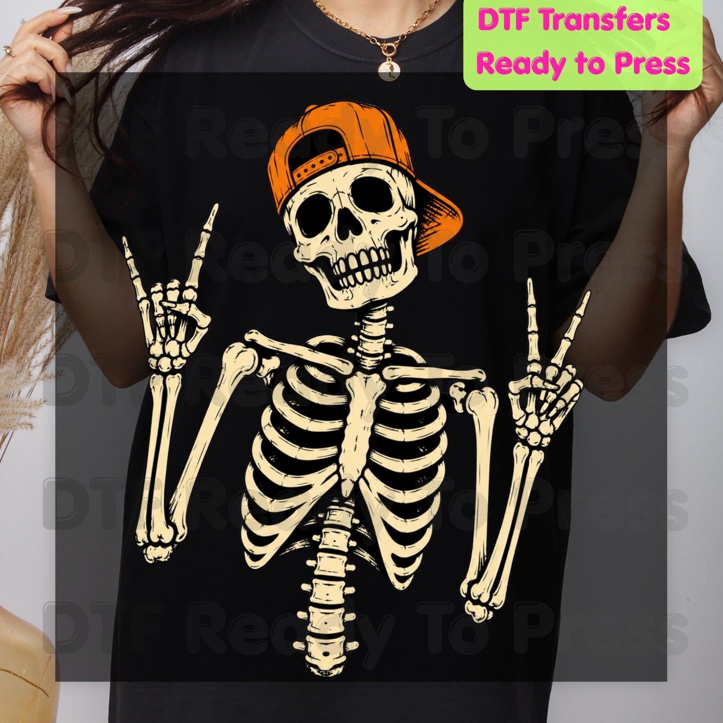 Cool Skeleton DTF Transfers, Rock On Peace Sign Halloween Orange Hat Ready to Press