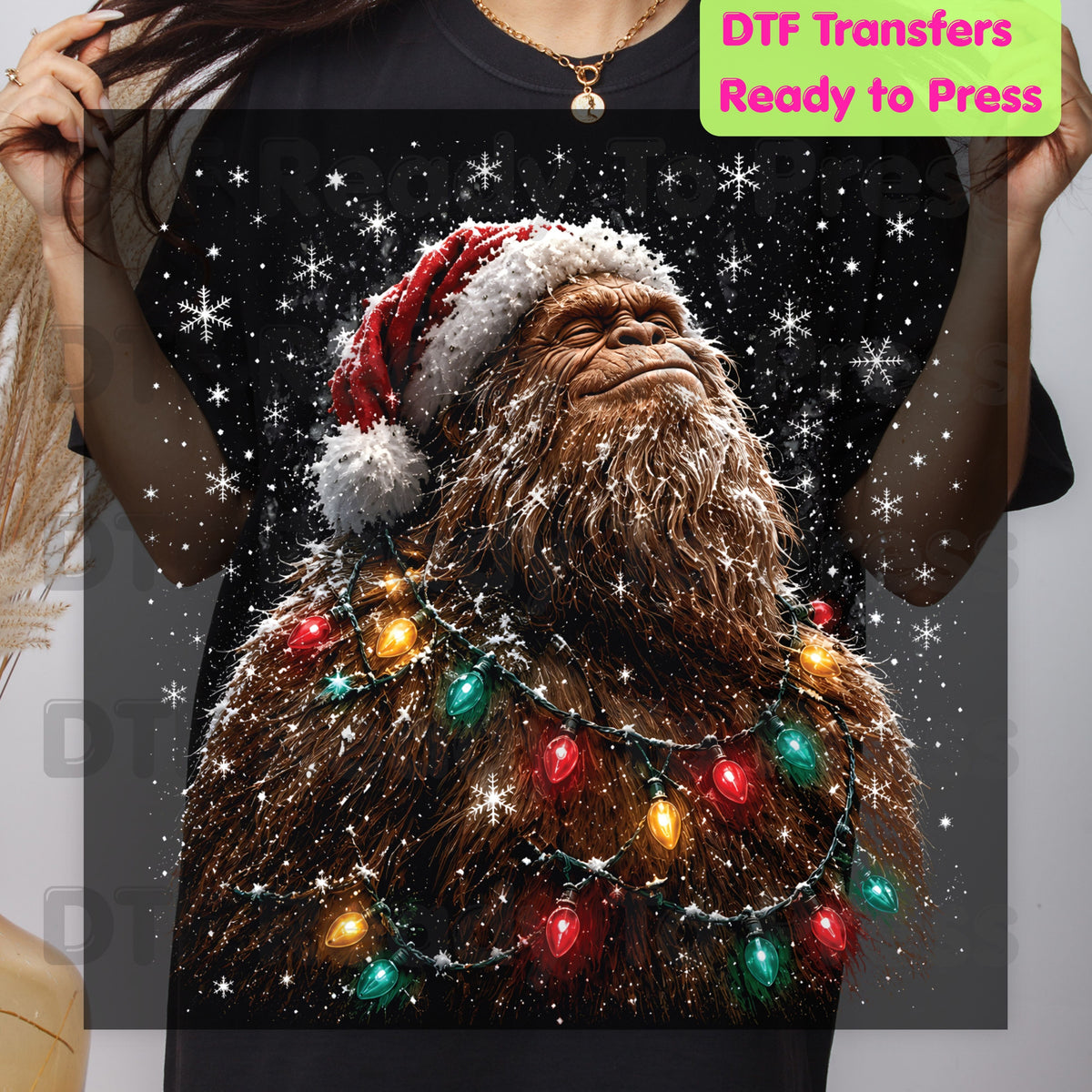 Christmas Bigfoot DTF Transfer, Santa Sasquatch Lights