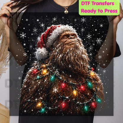 Christmas Bigfoot DTF Transfer, Santa Sasquatch Lights