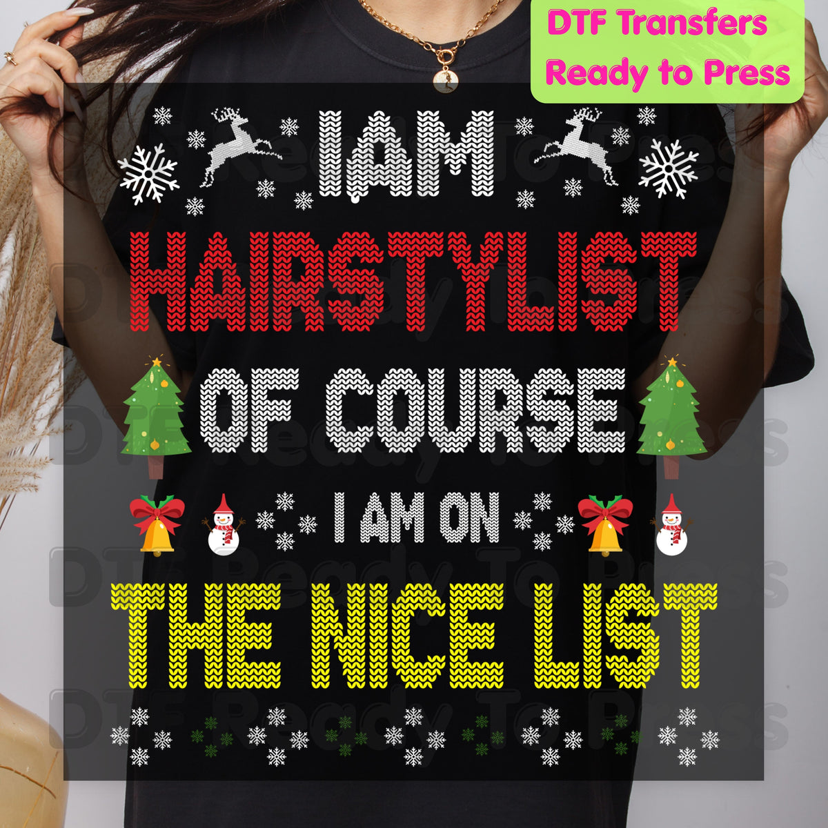 Christmas Hairstylist DTF Transfers, On the Nice List Salon Tree Sweater Holiday Ready to Press