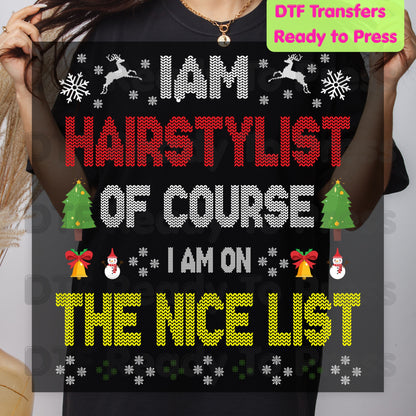 Christmas Hairstylist DTF Transfers, On the Nice List Salon Tree Sweater Holiday Ready to Press