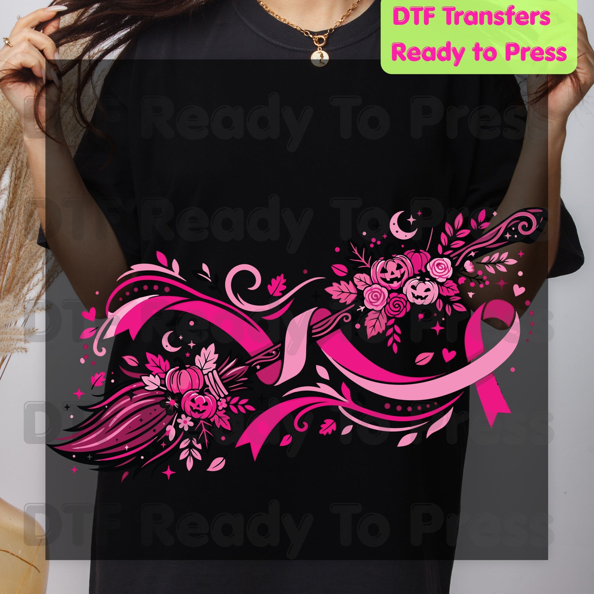 Pink Witch Broom Pumpkin Ribbon Breast Cancer Awareness DTF Transfer Ready to Press Heat Transfer Tee