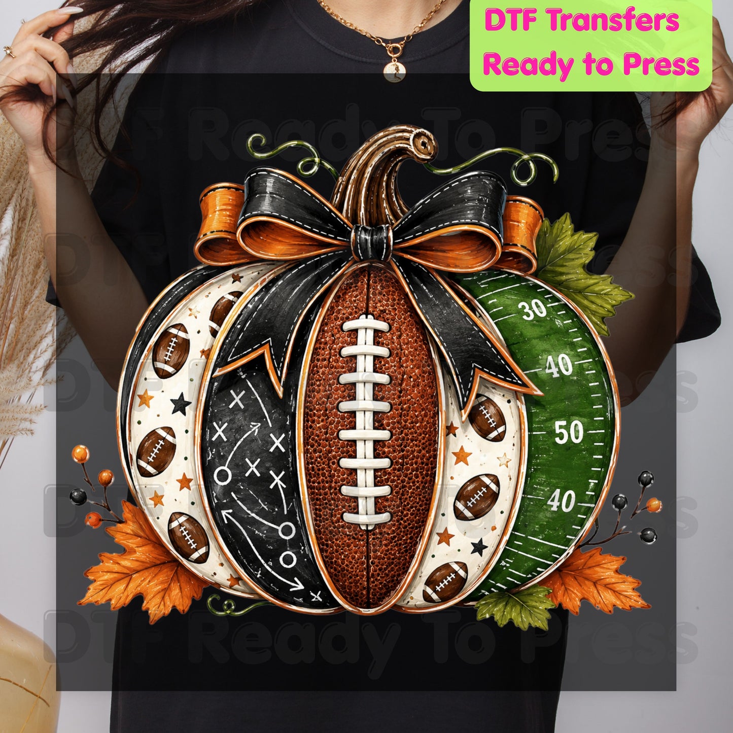 Football Pumpkin Bow DTF Transfers, Fall Game Day Football Field Patchwork Autumn Ready to Press