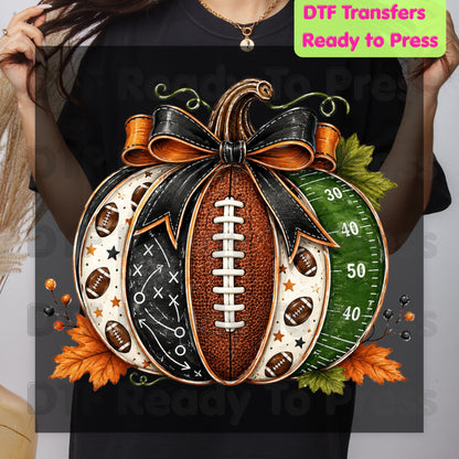 Football Pumpkin Bow DTF Transfers, Fall Game Day Football Field Patchwork Autumn Ready to Press