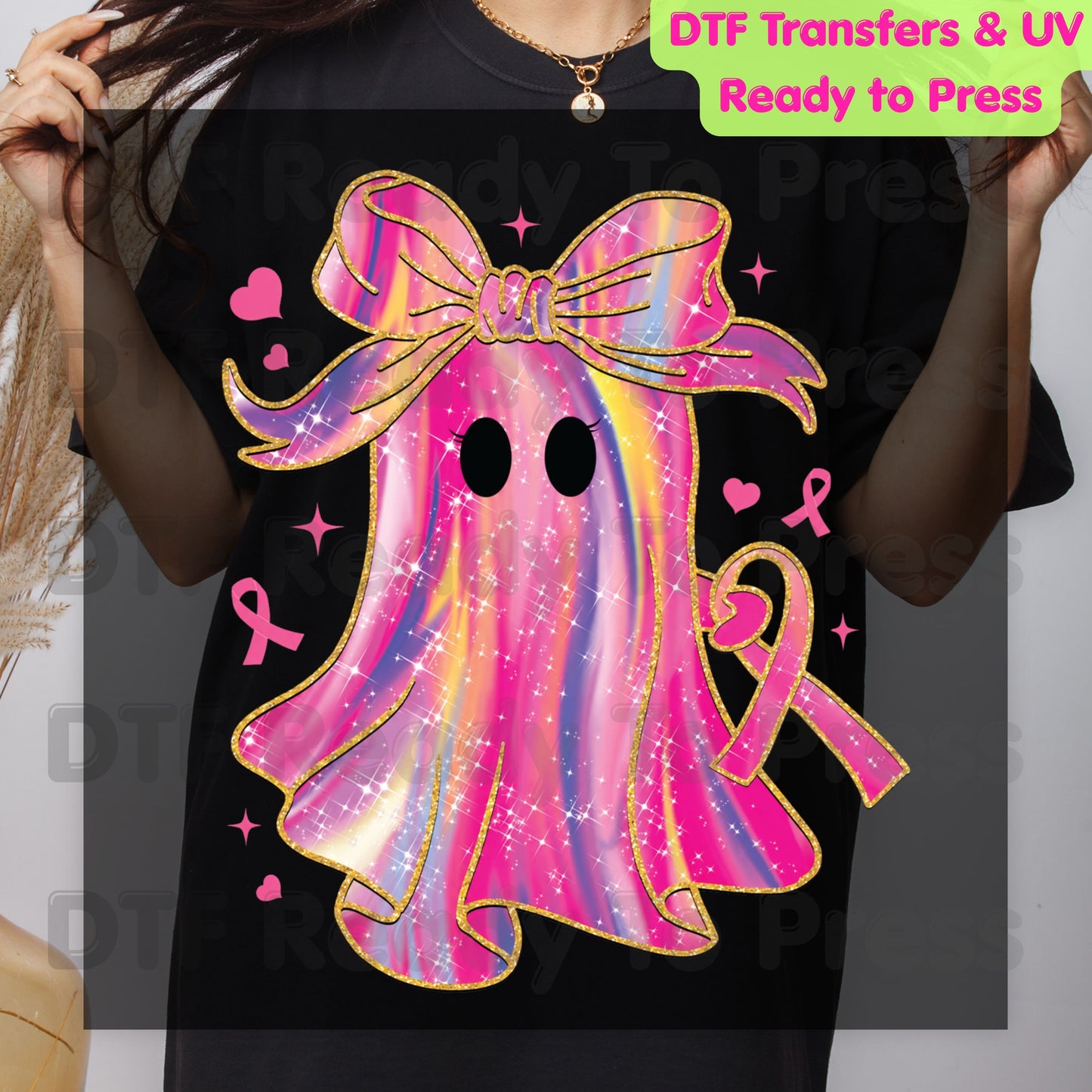 Glitter Pink Ghost Breast Cancer Awareness DTF Transfer Ready to Press Heat Transfer Bow Tee