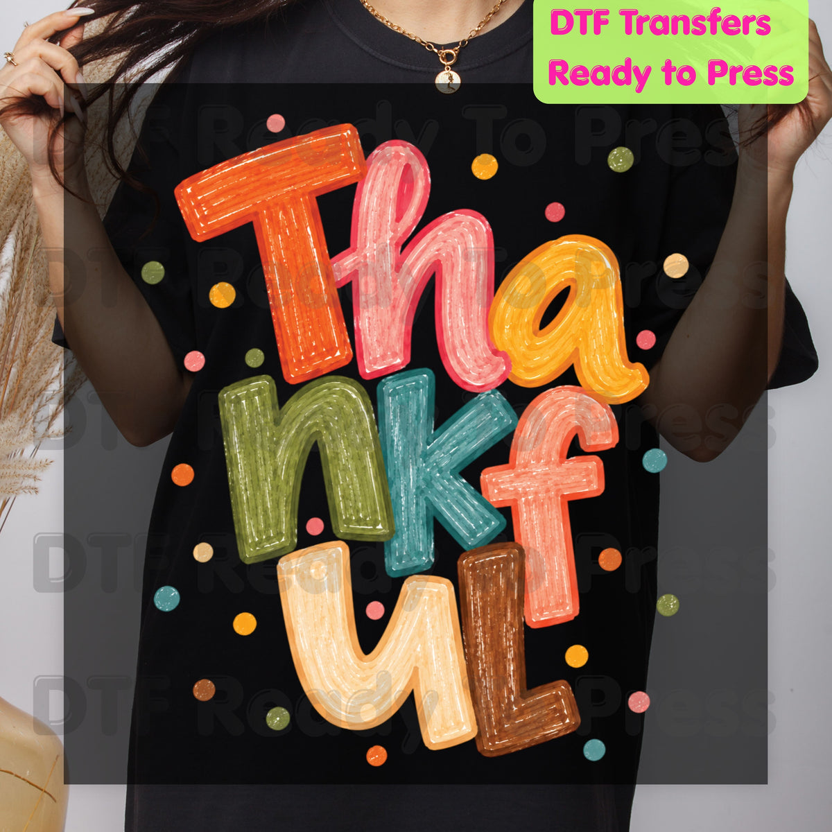 Thanksgiving DTF Transfer, Thankful Colorful Crayon Letters