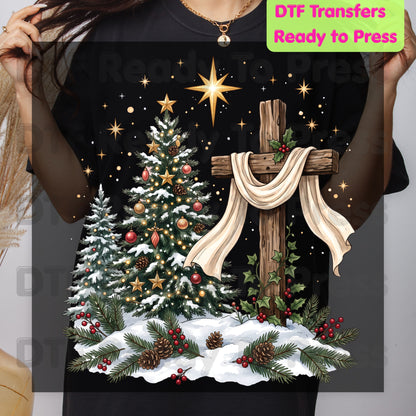 Christmas DTF Transfer, Christian Wooden Cross Star Christmas Tree Graphic