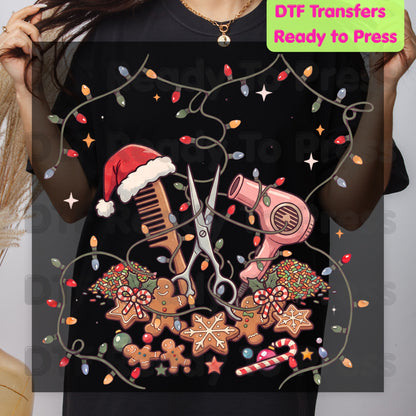 Christmas Hairstylist Gingerbread DTF Transfers, Salon Scissors Dryer Holiday Lights Ready to Press