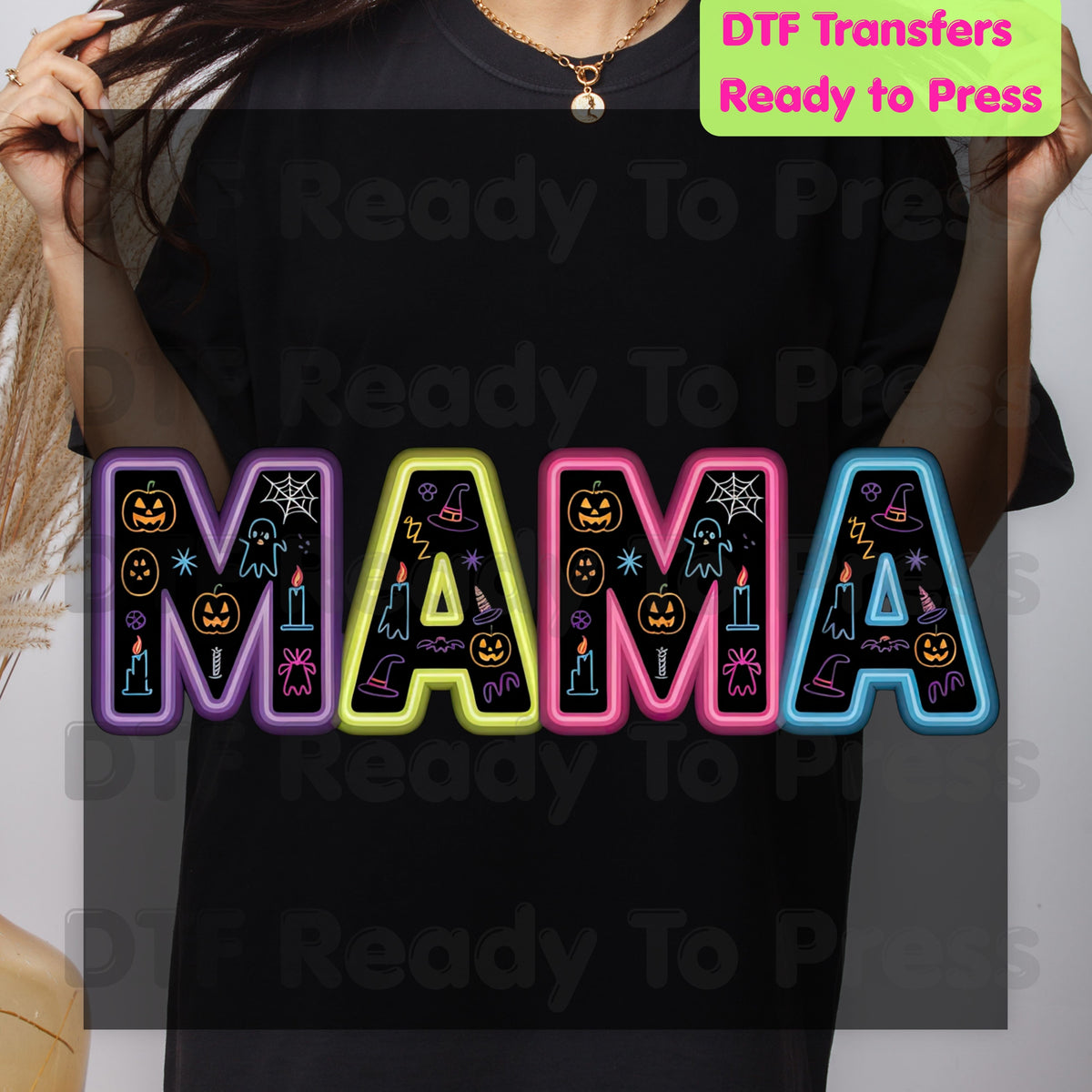 Halloween Mama DTF Transfers, Neon Spooky Doodle Ghost Pumpkin Witch Hat Ready to Press