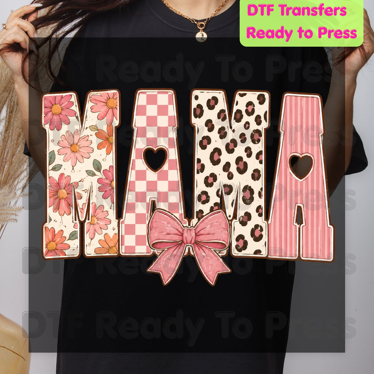 Mama DTF Transfers, Pink Daisy Floral Leopard Coquette Bow Retro Ready to Press