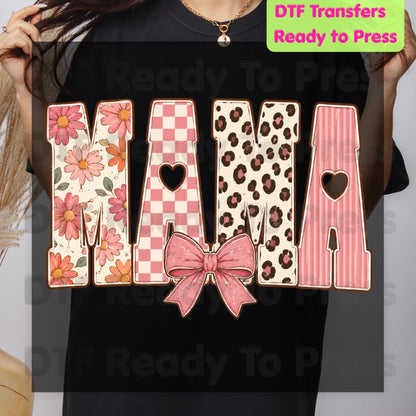 Mama DTF Transfers, Pink Daisy Floral Leopard Coquette Bow Retro Ready to Press