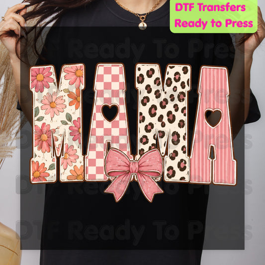 Mama DTF Transfers, Pink Daisy Floral Leopard Coquette Bow Retro Ready to Press