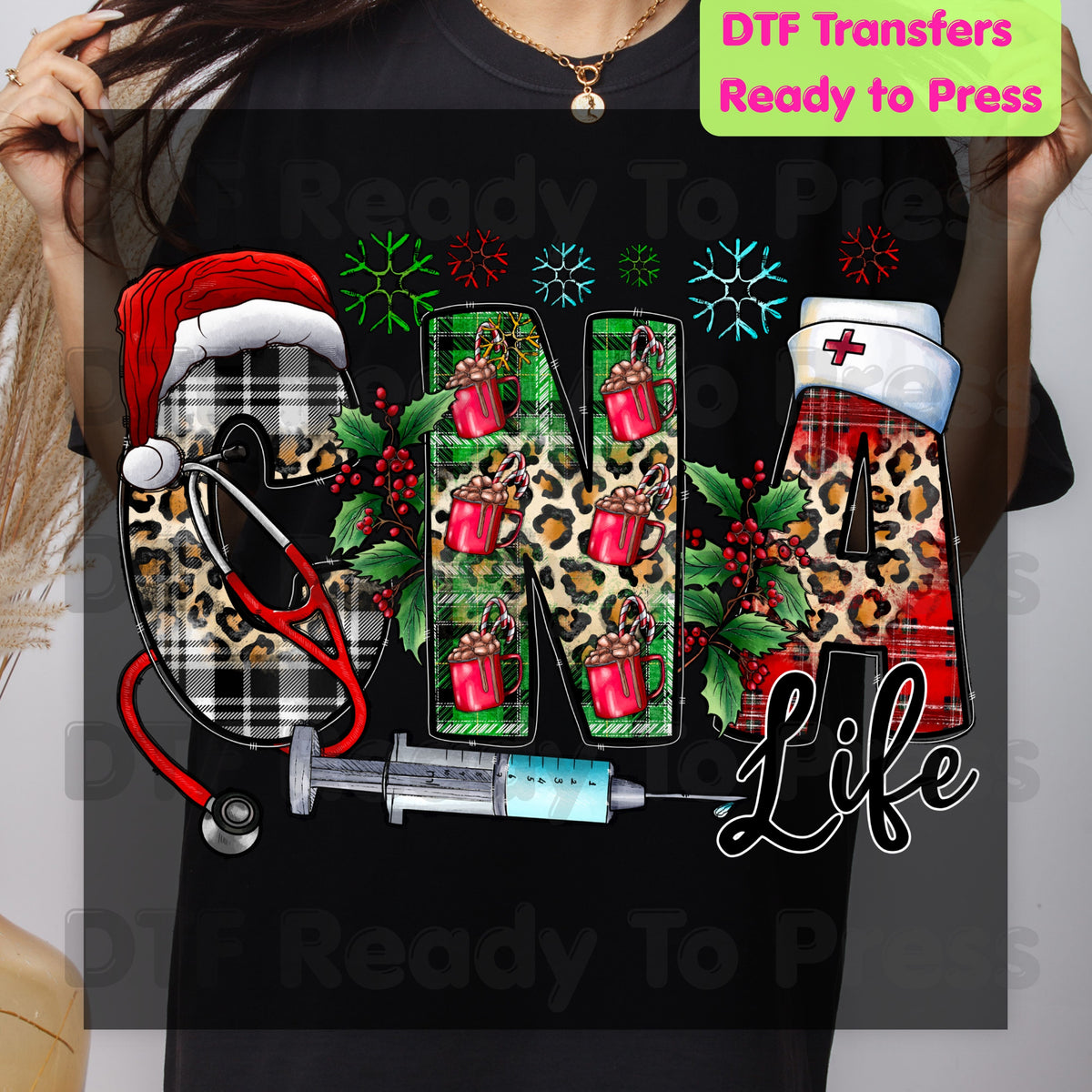 Christmas CNA Life DTF Transfers, Medical Nurse Leopard Plaid Syringe Holiday Ready to Press