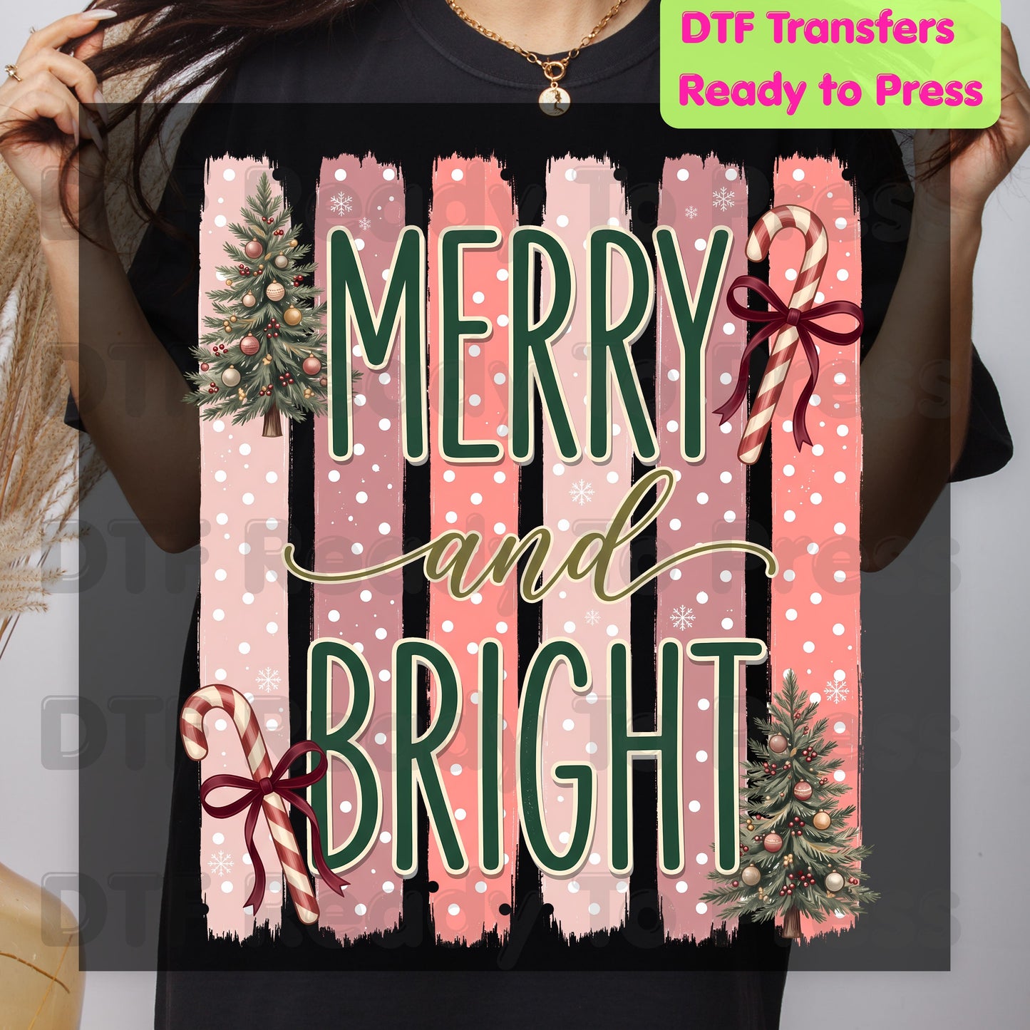 Christmas Merry and Bright DTF Transfer Ready to Press Pink Christmas Tree Candy Cane Heat Transfer for Shirts Retro Holiday Xmas DTF Print Cute Xmas