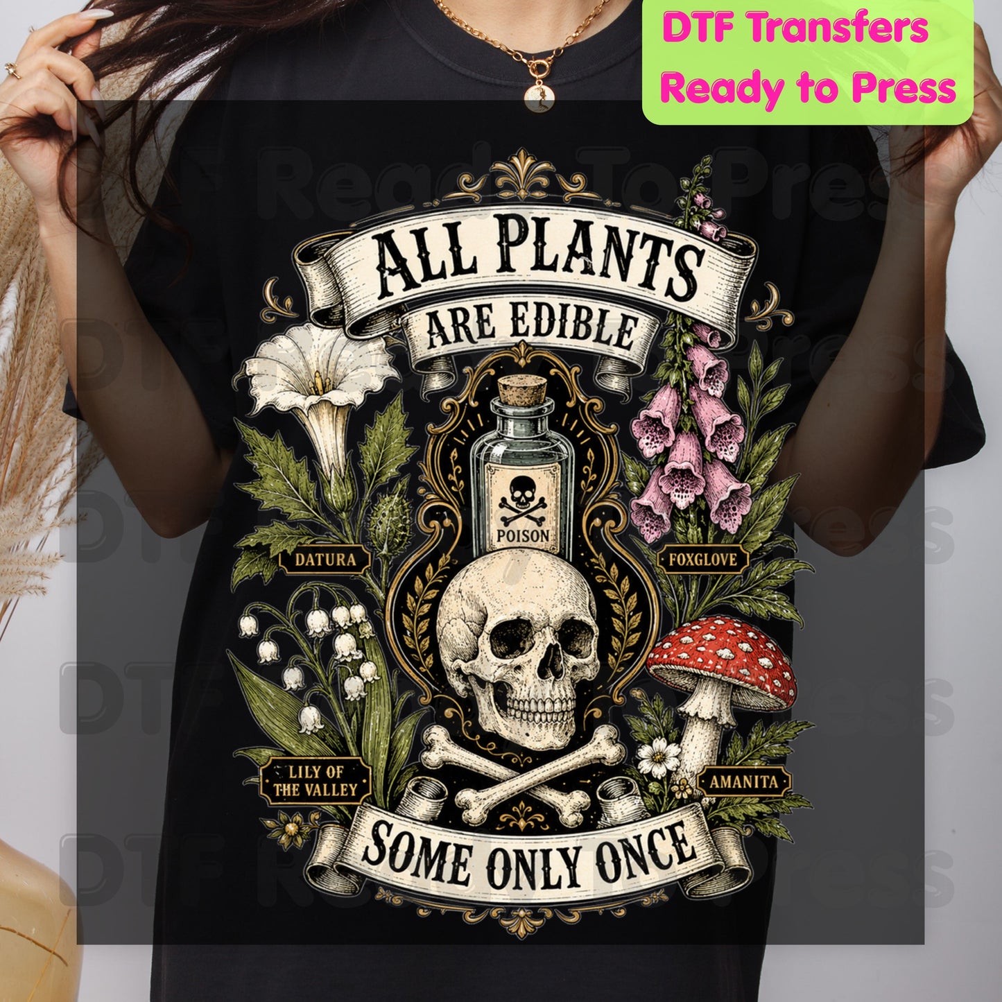 Funny Botanical DTF Transfers, All Plants Are Edible Some Only Once Poisonous Mushroom Skull Vintage Ready to Press