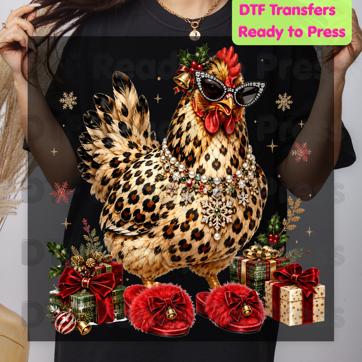 Funny Chicken DTF Transfers, Leopard Print Sunglasses Red Slippers Christmas Holiday Ready to Press