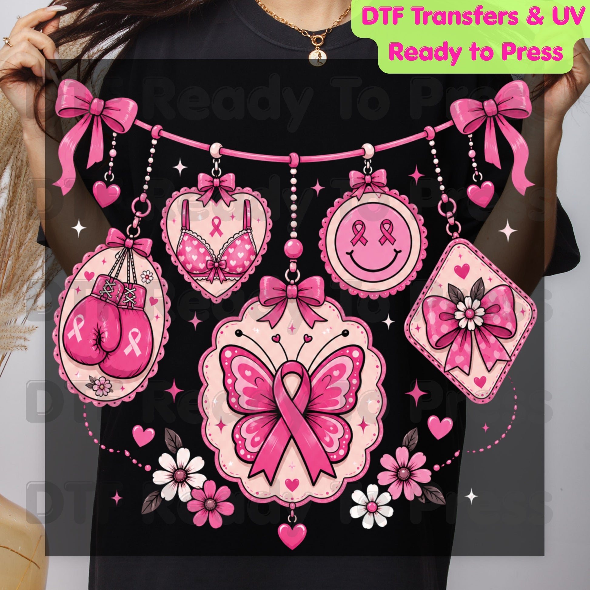 Pink Ribbon Breast Cancer Awareness Charms DTF Transfer Ready to Press Heat Transfer Butterfly Bow Tee