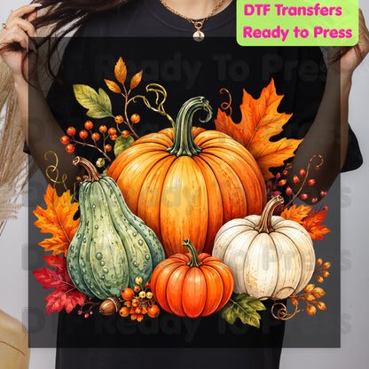 Fall Pumpkin DTF Transfer Ready to Press Autumn Harvest Gourd Watercolor Leaves Heat Transfer for Shirts Colorful Thanksgiving Tee