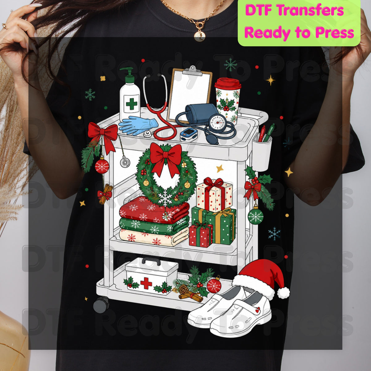 Christmas Nurse Cart DTF Transfers, Holiday Medical Wreath Stethoscope Graphic Ready to Press