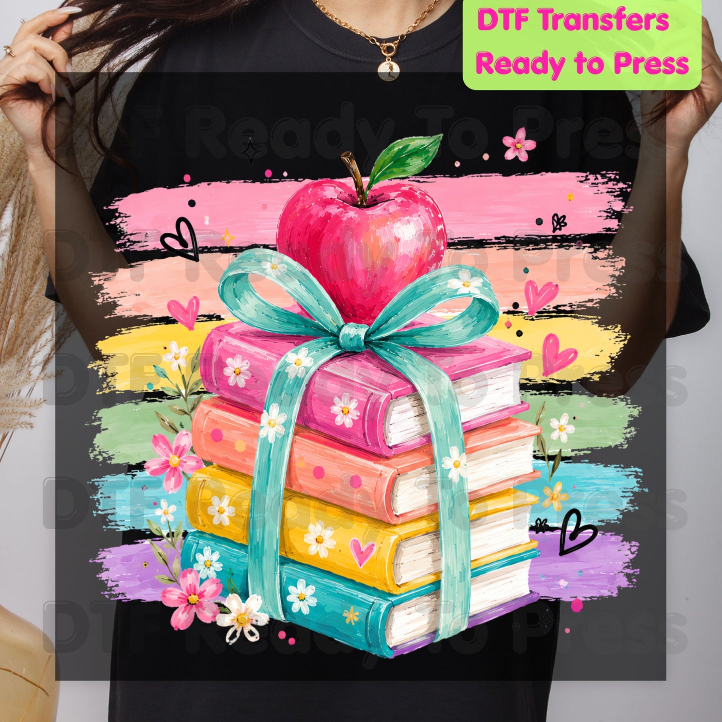 Coquette Stacked Books DTF Transfers, Apple Ribbon Colorful Teacher Brushstrokes Ready to Press