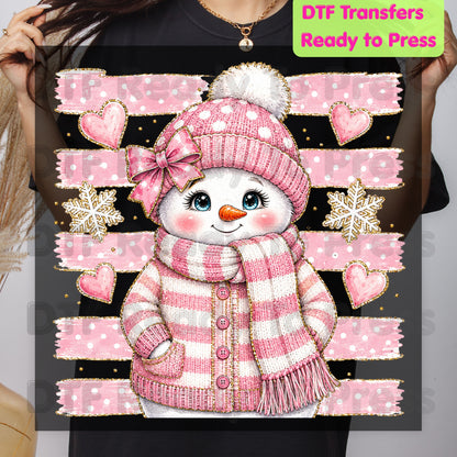 Cute Pink Snowgirl DTF Transfers, Winter Snowman Beanie Bow Pink Stripes Hearts Ready to Press