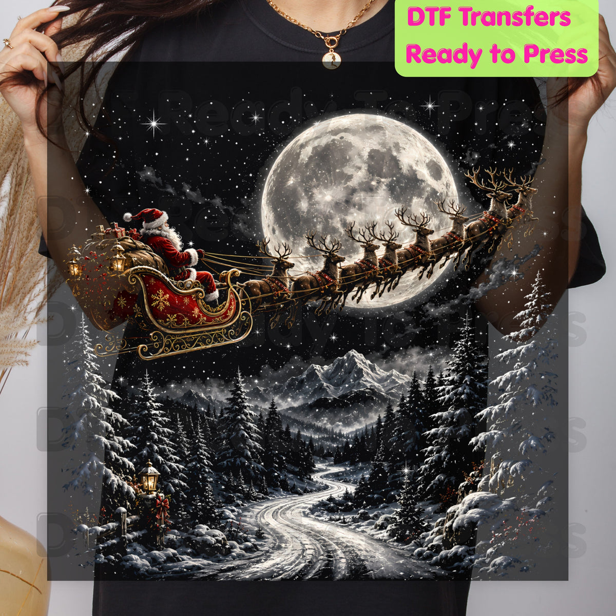 Christmas Santa DTF Transfers, Sleigh Flying Over Full Moon Vintage Winter Forest Ready to Press