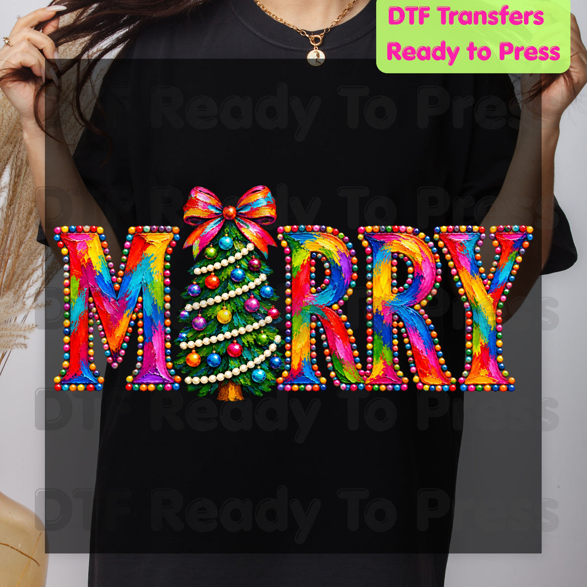 Merry Christmas Tree DTF Transfers, Colorful Painted Christmas Holiday Ready to Press