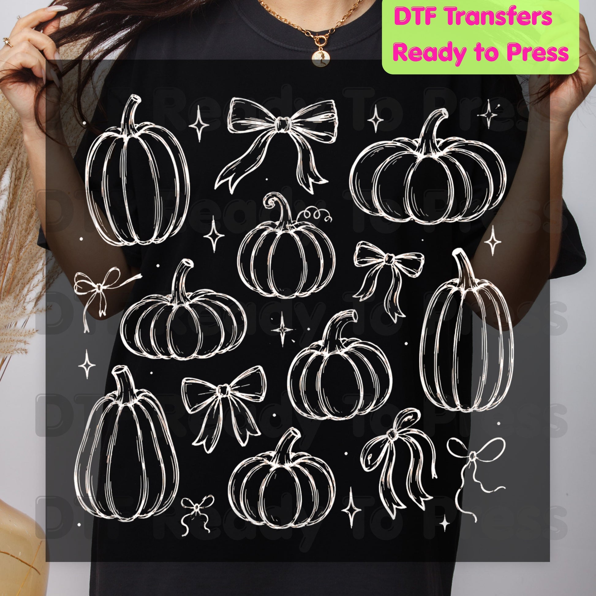 Halloween DTF Transfers, Coquette Pumpkins Bows Line Art Fall Pumpkin Outline Ready to Press