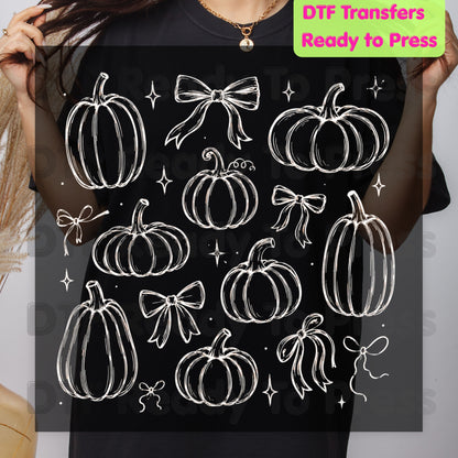 Halloween DTF Transfers, Coquette Pumpkins Bows Line Art Fall Pumpkin Outline Ready to Press