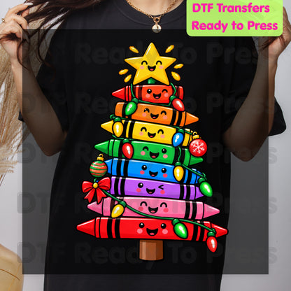 Christmas Crayon Tree DTF Transfers, Teacher School Rainbow Lights Holiday Ready to Press