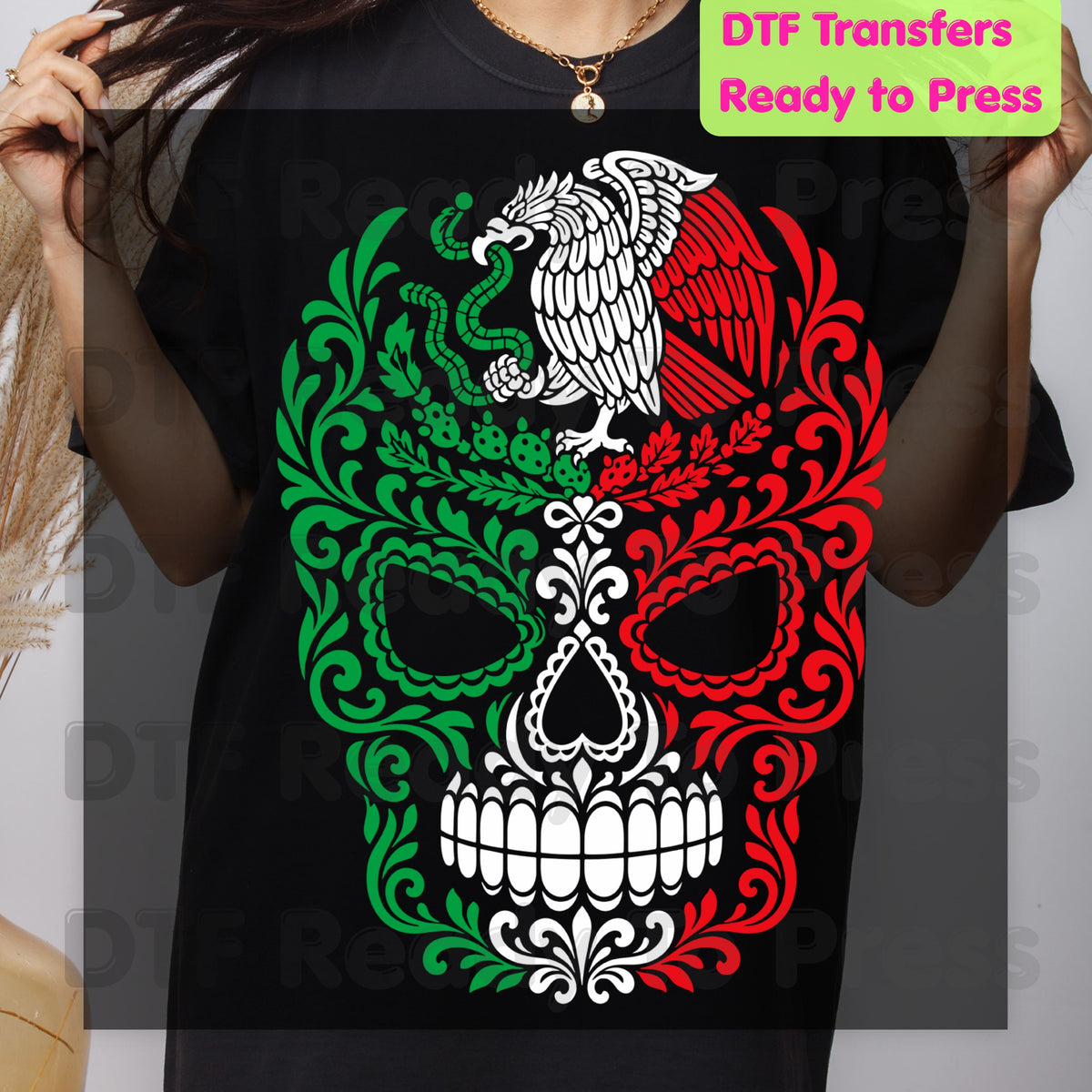 Mexican Flag Sugar Skull DTF Transfers, Eagle Coat of Arms Dia de los Muertos Ready to Press