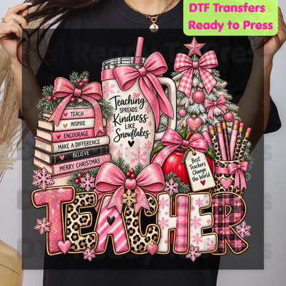 Christmas Pink Teacher Bow DTF Transfers, School Tumbler Leopard Holiday Ready to Press