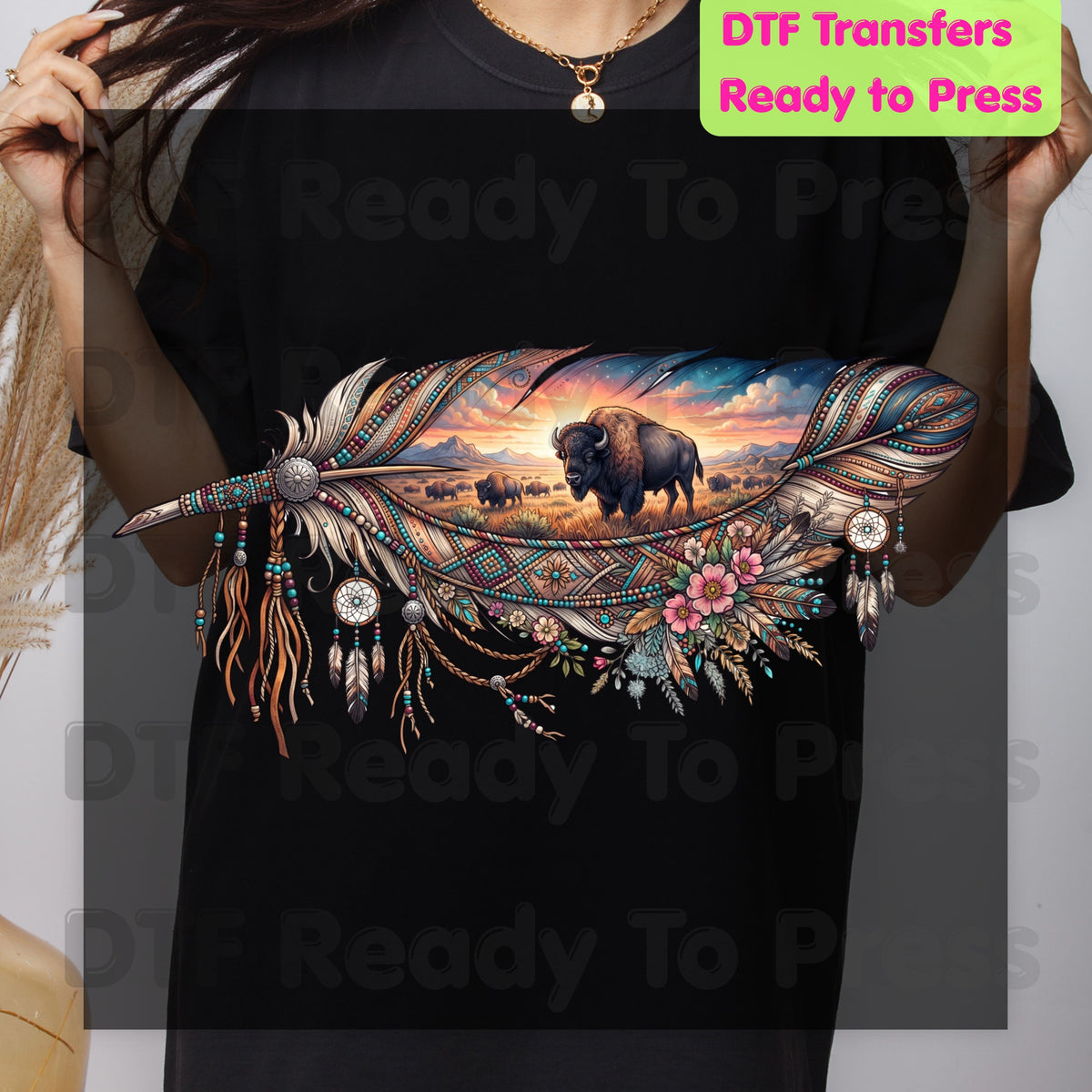 Western Buffalo Feather DTF Transfers, Dreamcatcher Boho Bison Tribal Sunset Ready to Press