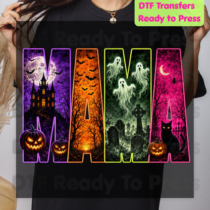 Halloween Mama DTF Transfers, Neon Haunted House Ghost Pumpkin Spooky Ready to Press