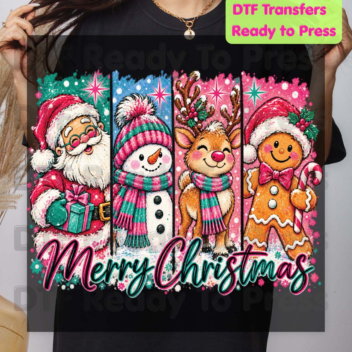 Christmas DTF Transfer, Santa Snowman Reindeer Gingerbread