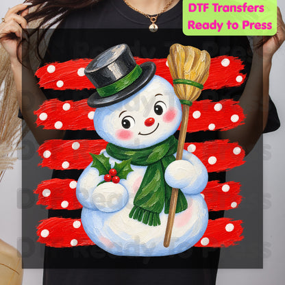 Vintage Snowman DTF Transfers, Top Hat Broom Red Polka Dot Christmas Holiday Ready to Press