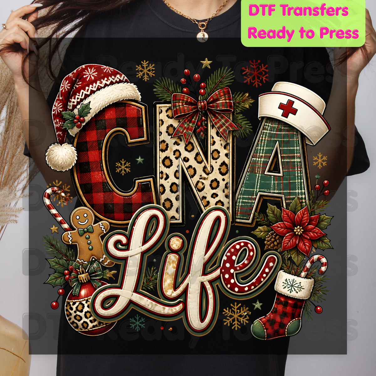 Christmas CNA Life DTF Transfers, Holiday Nurse Hat Plaid Leopard Medical Graphic Ready to Press